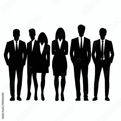 Silhouette of a group of six professionals in formal attire.