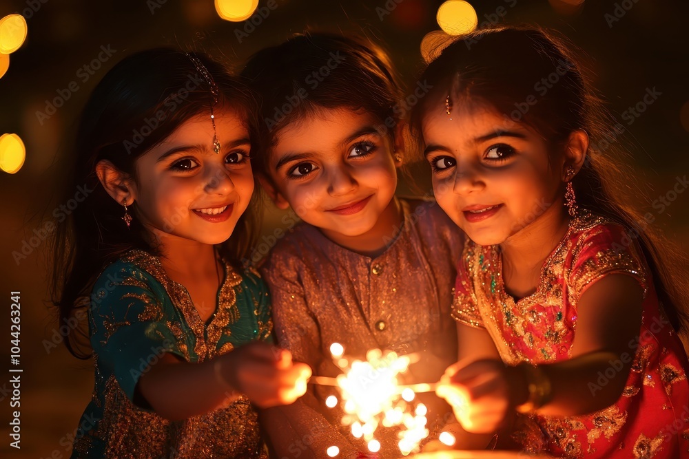 Three smiling siblings enjoying the Diwali festival together surrounded by glowing candles sparkling lights and a warm festive atmosphere The image captures the joy tradition Three smiling siblings enjoying the Diwali festival together surrounded by glowing candles sparkling lights and a warm festive atmosphere The image captures the joy tradition