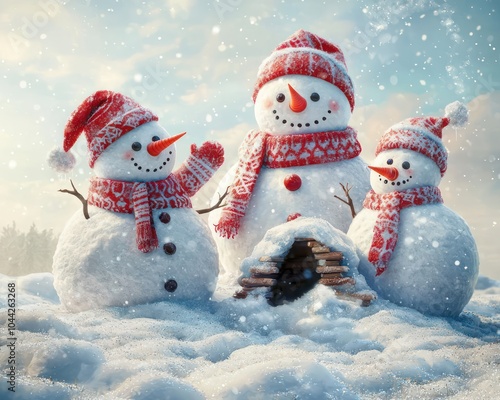 Merry snowman family with scarves and mittens, building a snow fort in a snowy field photo