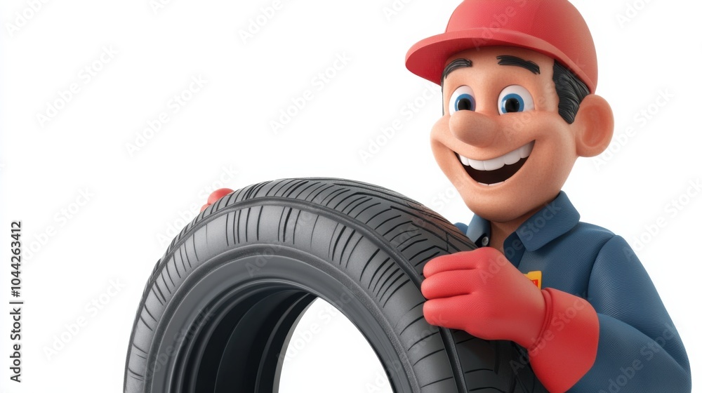 Cheerful Cartoon Mechanic Holding a Tire