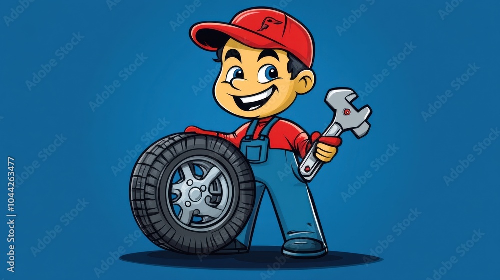 Cheerful Cartoon Technician with Tire and Wrench
