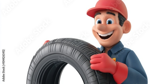 Obraz na płótnie Cheerful Cartoon Mechanic Holding a Tire w salonie