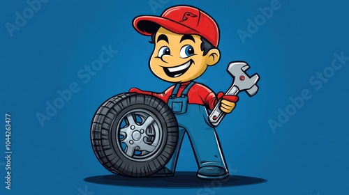 Obraz na płótnie Cheerful Cartoon Technician with Tire and Wrench w salonie