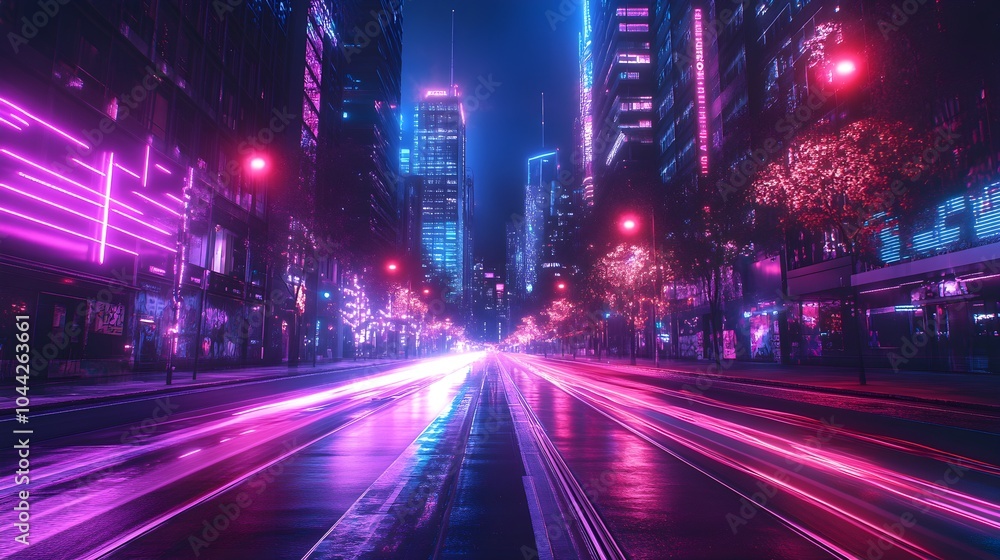 Urban night scene with glowing skyscrapers, the walls splashed with neon-lit graffiti, retro-futuristic colors lighting up the street in bold, bright strokes Urban night scene with glowing skyscrapers, the walls splashed with neon-lit graffiti, retro-futuristic colors lighting up the street in bold, bright strokes
