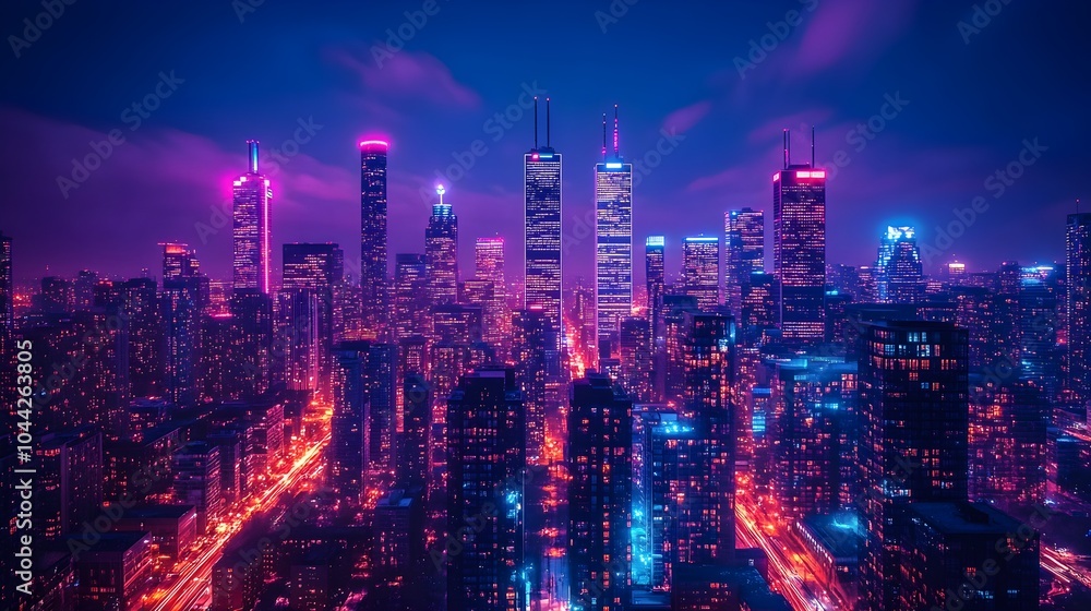 Fototapeta premium Vibrant night cityscape with towering skyscrapers, illuminated by glowing city lights, streets filled with neon graffiti art, blending modern architecture