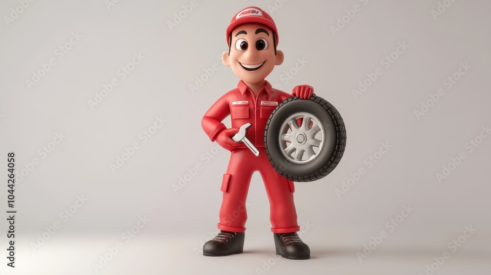 Cartoon Mechanic Holding Tire and Wrench in Friendly Pose
