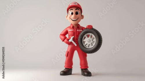 Obraz na płótnie Cartoon Mechanic Holding Tire and Wrench in Friendly Pose w salonie