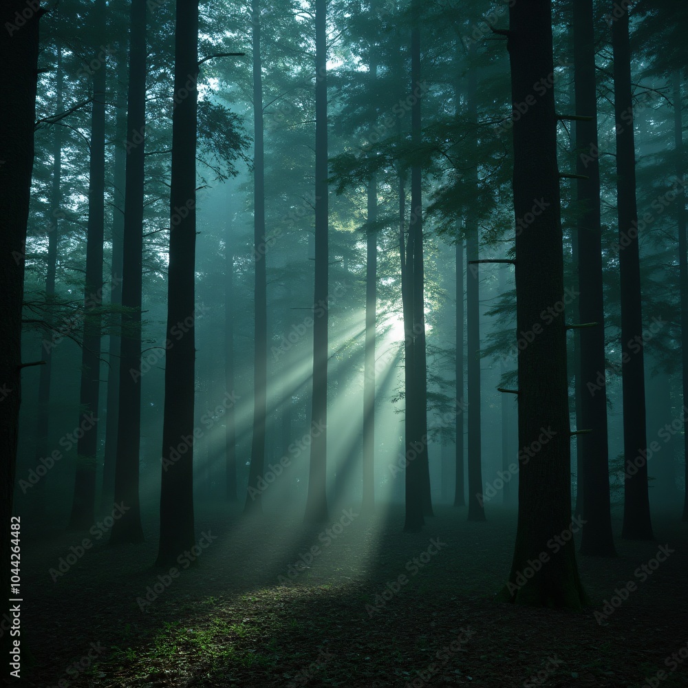 Fototapeta premium Mystical forest with glowing mist and towering ancient trees