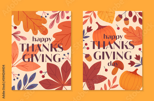 Happy thanksgiving day seasonal posters with pumpkins,mushroom,leaves,berries,plants in fall colors.Vector holiday illustrations.Autumn thanksgiving templates for prints,ad,smm,branding,covers