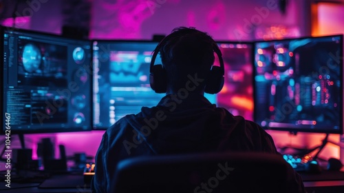 Student Engaged in Multi-Screen Computer Setup