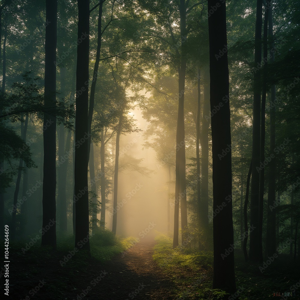 Fototapeta premium Mystical forest with glowing mist and towering ancient trees