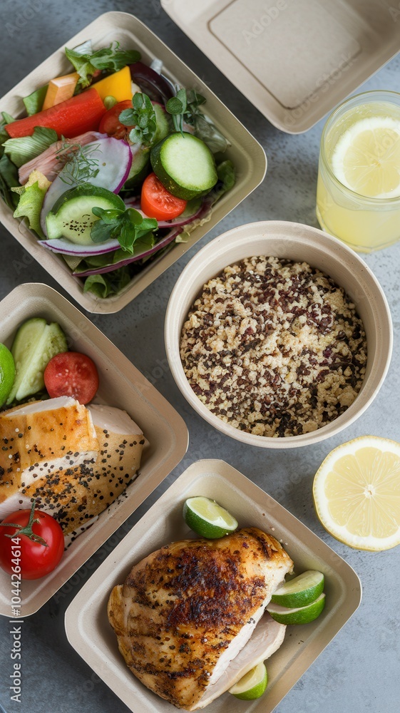 Top-view healthy meal prep with salad, chicken, grains, and lemonade in eco-friendly containers Top-view healthy meal prep with salad, chicken, grains, and lemonade in eco-friendly containers