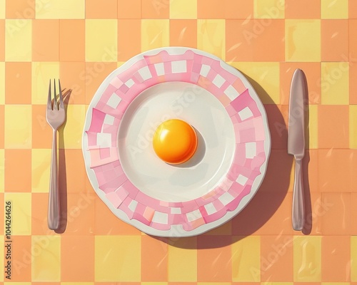 Breakfast plate with a single egg yolk on a decorative pink and white checkered plate against an orange checkered background Perfect for food related concepts photo