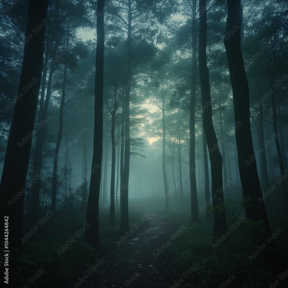 Obraz premium Mystical forest with glowing mist and towering ancient trees