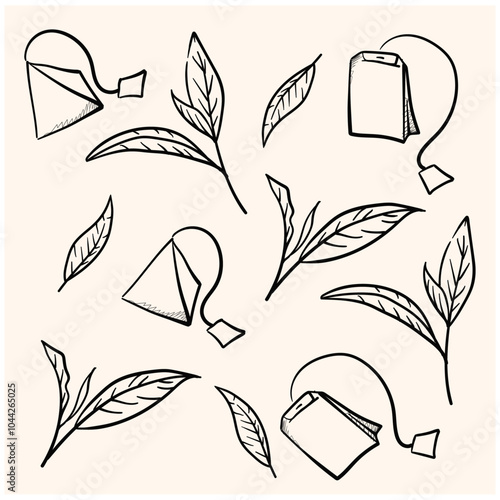 Hand drawn set green tea With illustration style doodle and line art