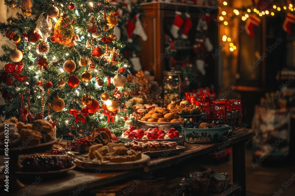 A festive holiday scene with a decorated tree, holiday lights, and a table full seasonal goodies A festive holiday scene with a decorated tree, holiday lights, and a table full seasonal goodies