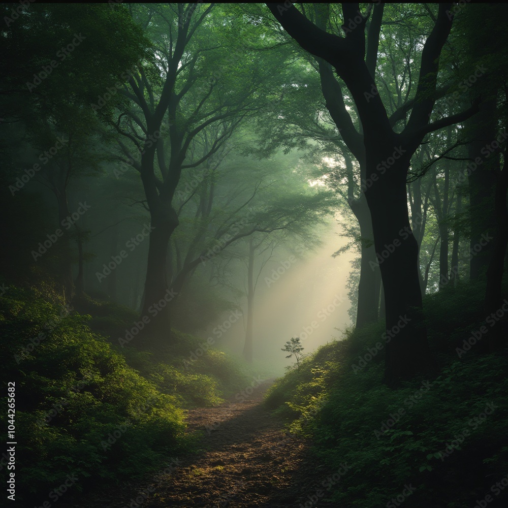 Fototapeta premium Mystical forest with glowing mist and towering ancient trees