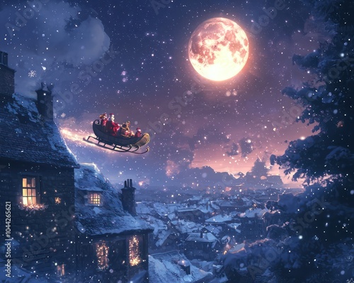 Santaa??s sleigh flying across a starry sky, passing by a full moon and snow-covered rooftops photo