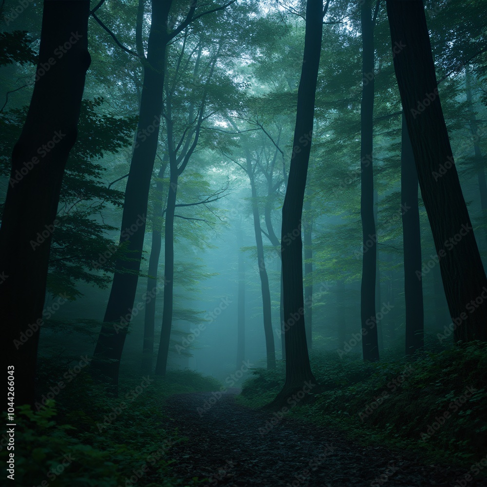 Fototapeta premium Mystical forest with glowing mist and towering ancient trees