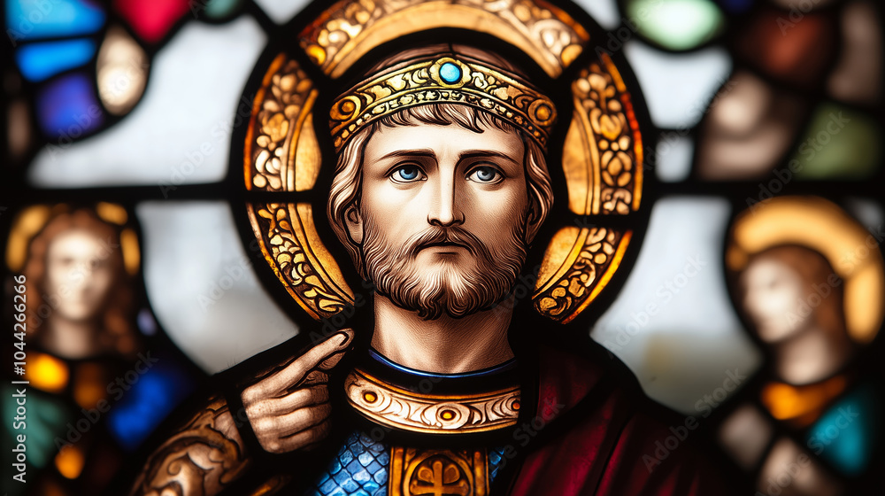 A vivid stained glass fresco in a church features a saint king with a halo, showcasing his regal presence and symbolism. Stained glass depiction of a saint king in a historic Christian church interior A vivid stained glass fresco in a church features a saint king with a halo, showcasing his regal presence and symbolism. Stained glass depiction of a saint king in a historic Christian church interior