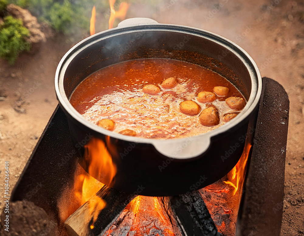 African Soup cooking over Charcoal in Pot in outdoor African Soup cooking over Charcoal in Pot in outdoor