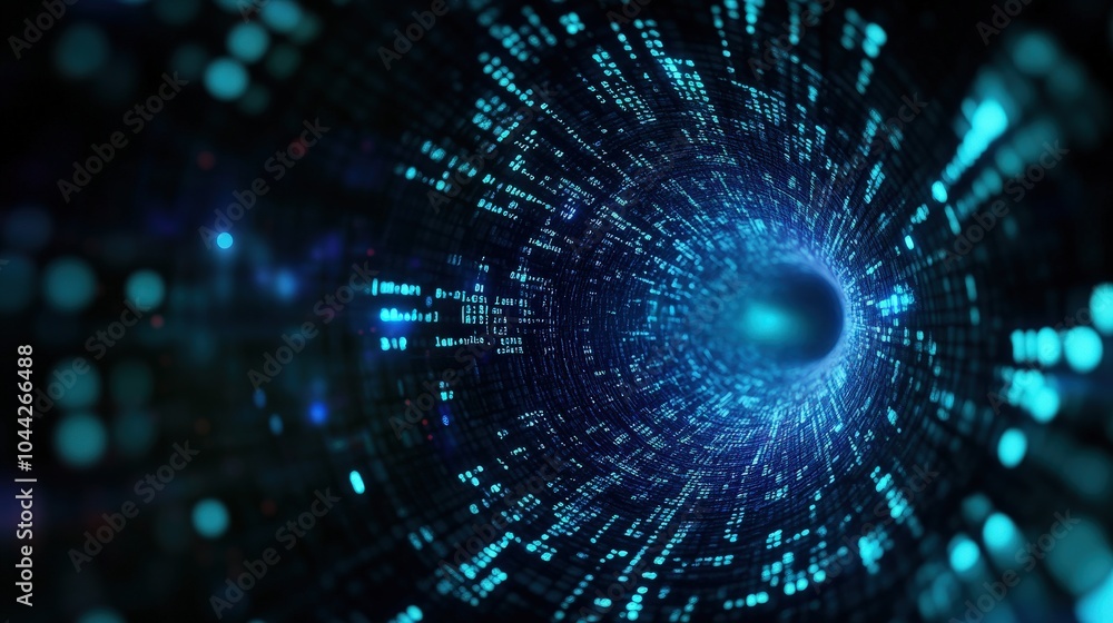 Abstract digital vortex with glowing blue data streams and particles. Abstract digital vortex with glowing blue data streams and particles.