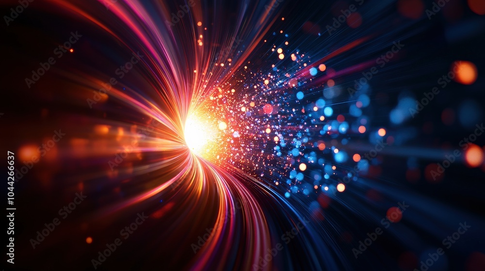 Naklejka premium Abstract light trail with colorful particles on a dark background.