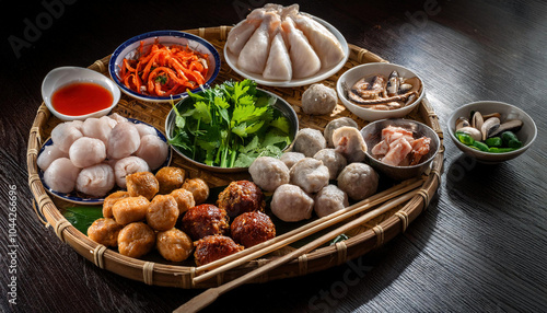 Assorted Vietnamese meatballs, dumplings, seefood and vegetables in a bamboo plate on a wooden table. photo