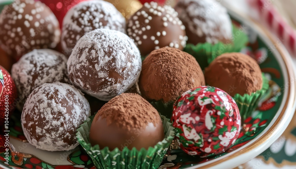 A plate Christmas chocolate truffles dusted with cocoa powder and wrapped in holiday-themed wrappers A plate Christmas chocolate truffles dusted with cocoa powder and wrapped in holiday-themed wrappers