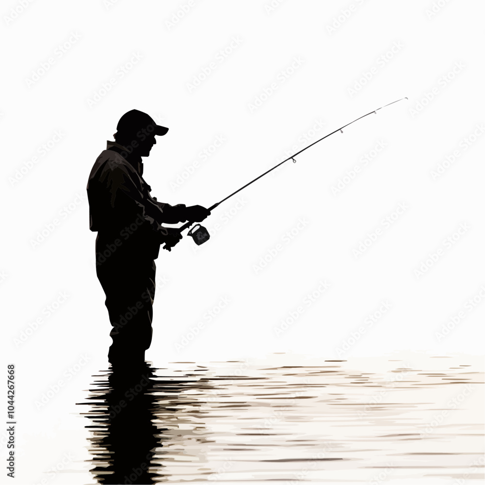 A silhouette of a person fishing in calm waters, capturing a serene moment of leisure. A silhouette of a person fishing in calm waters, capturing a serene moment of leisure.