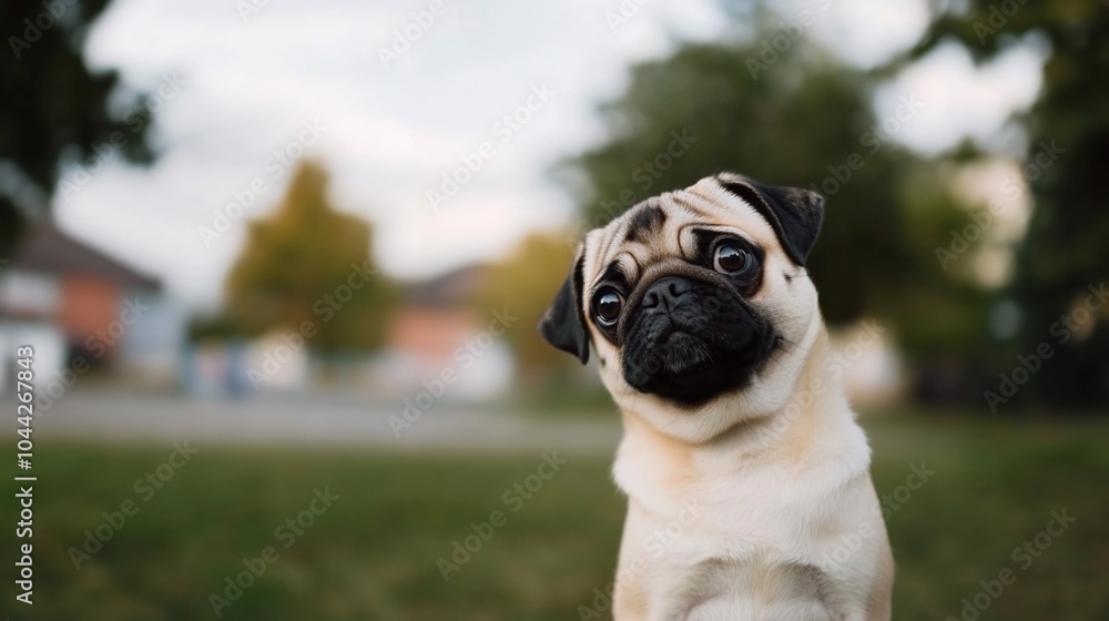 A curious pug dog with big eyes looks directly at the camera with its head tilted to the side. A curious pug dog with big eyes looks directly at the camera with its head tilted to the side.