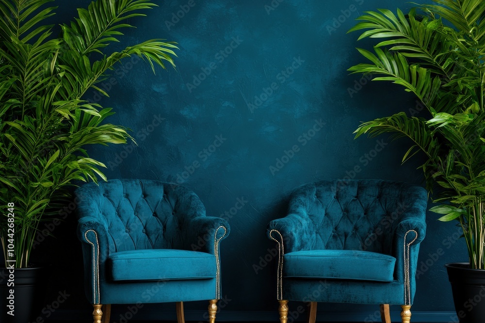 Obraz premium Chic living room with teal armchairs and lush green plants against a textured wall.