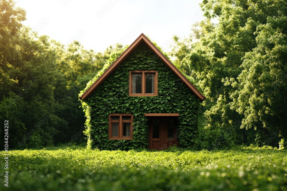 Charming house covered in lush green ivy, surrounded by vibrant forest. Charming house covered in lush green ivy, surrounded by vibrant forest.