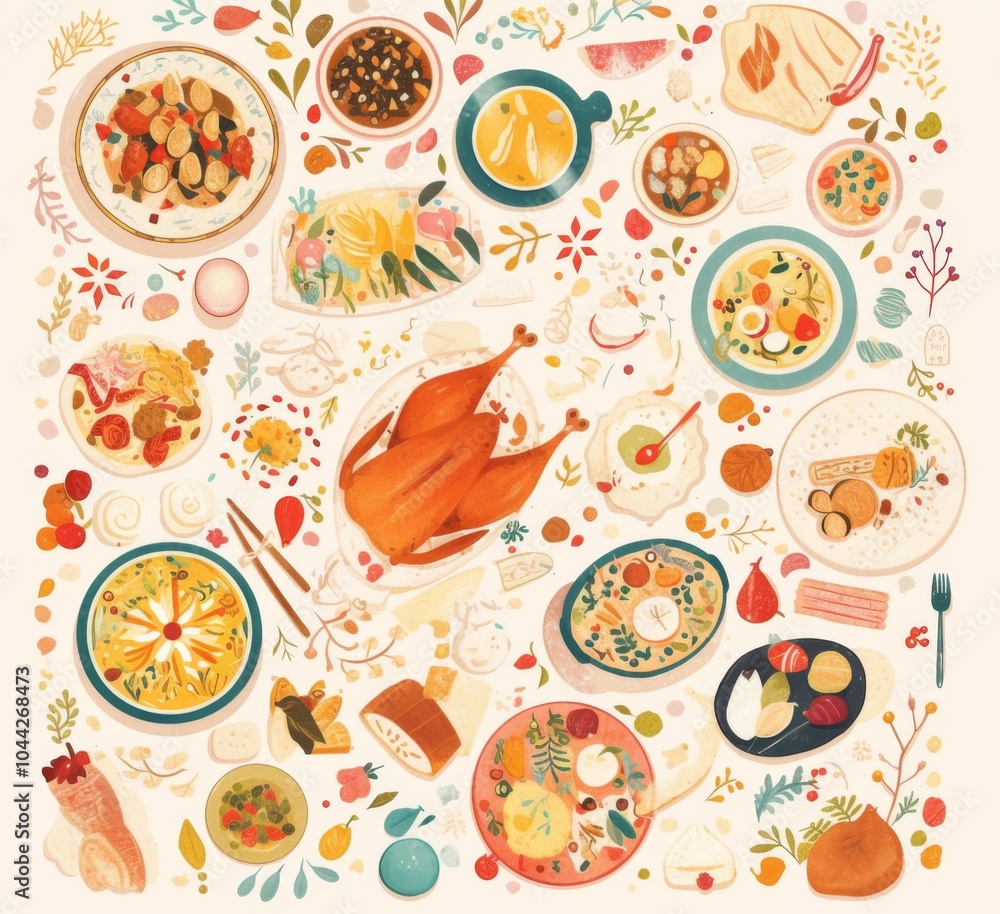 Flat Lay Illustration of Various Dishes for a New Year's Eve Dinner, Featuring Turkey, Garlicky Kuleshka, Knish, Macarons, Gingerbread Cookies, and Meringues on a White Background. Flat Lay Illustration of Various Dishes for a New Year's Eve Dinner, Featuring Turkey, Garlicky Kuleshka, Knish, Macarons, Gingerbread Cookies, and Meringues on a White Background.