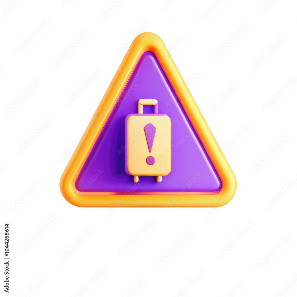 A 3D rendered model of a warning sign featuring a suitcase with an exclamation mark inside a purple triangular shape. Perfect for travel themes. A 3D rendered model of a warning sign featuring a suitcase with an exclamation mark inside a purple triangular shape. Perfect for travel themes.