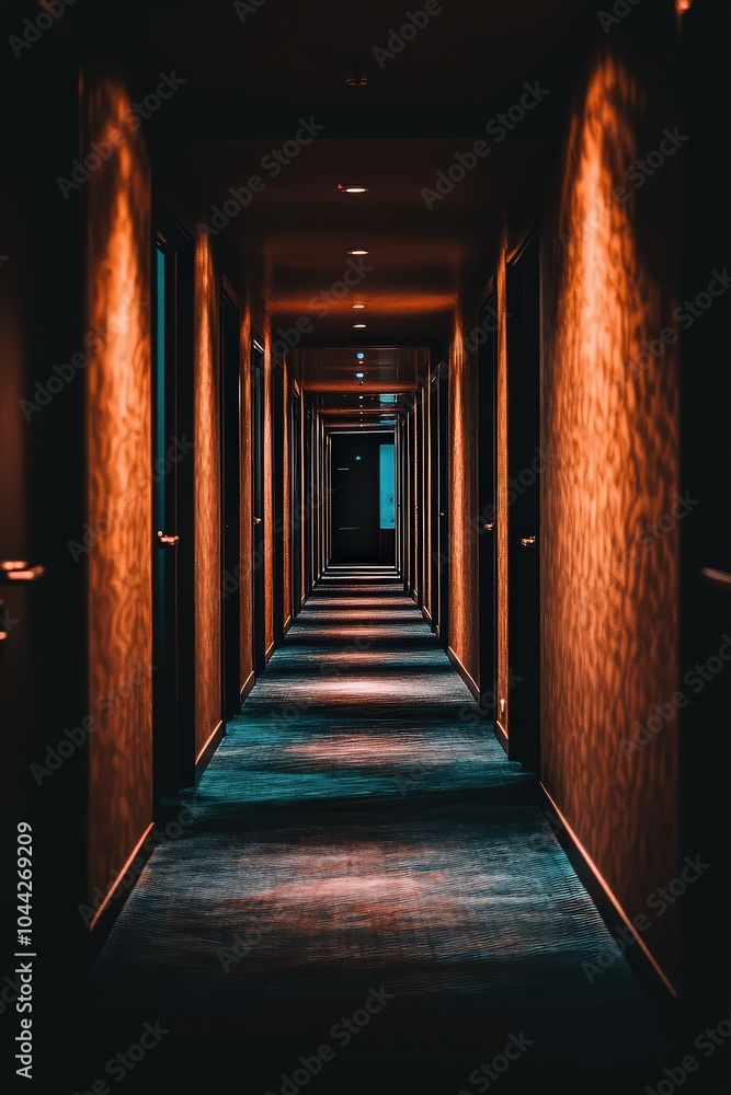 Fototapeta premium Dark hotel hallway with moody lighting