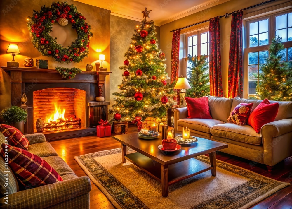 Aerial View of a Cozy Living Room Decorated for Christmas with Festive Lights and Ornaments Aerial View of a Cozy Living Room Decorated for Christmas with Festive Lights and Ornaments