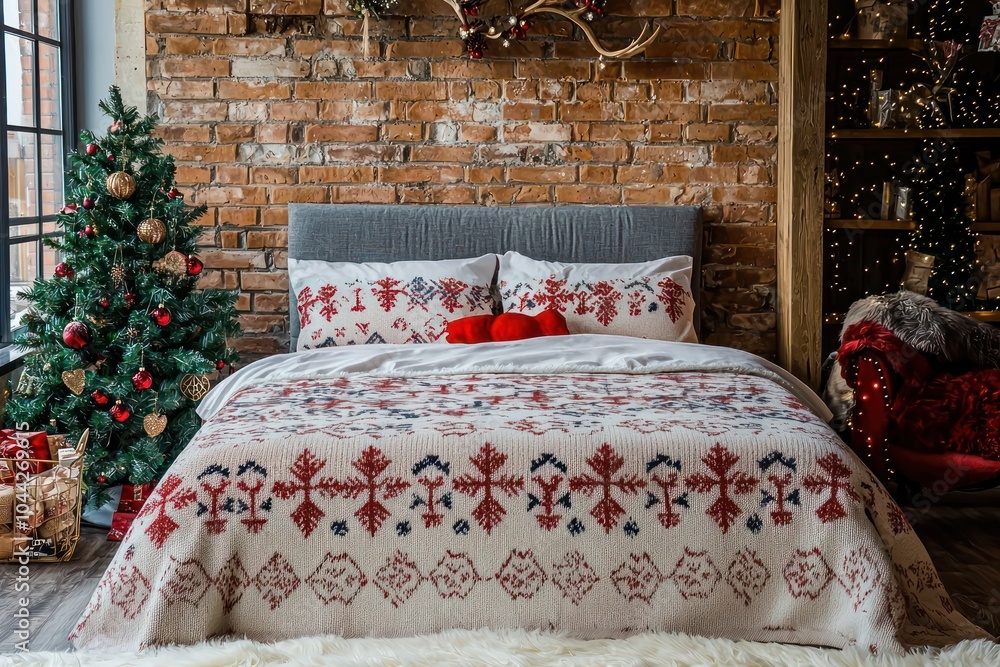 Cozy Christmas bedspread with festive patterns, snowflakes, and reindeer motifs Cozy Christmas bedspread with festive patterns, snowflakes, and reindeer motifs