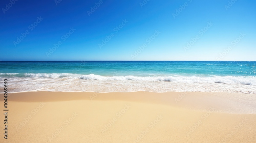 Fototapeta premium Tranquil sandy beach with turquoise water and blue sky on a sunny day.