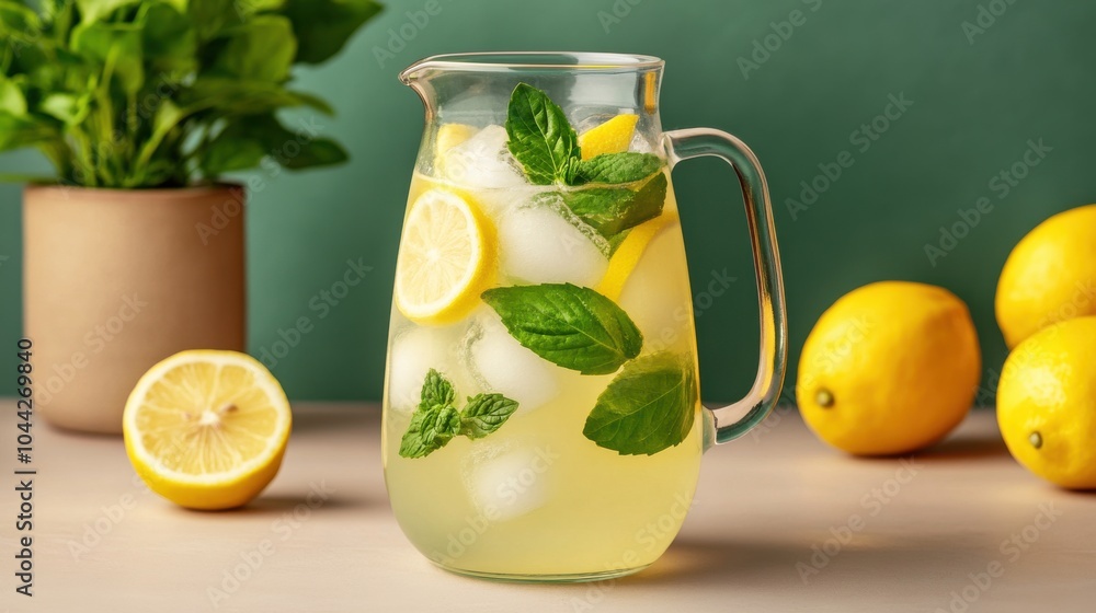 Fototapeta premium Refreshing Chilled Lemonade in a Glass Pitcher