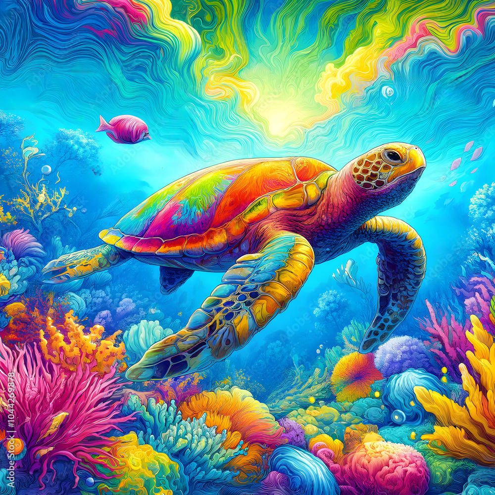 A sea turtle slowly gliding through vibrant corals and tropical fish in an underwater world.
An exotic underwater landscape featuring a coral reef, and a colorful marine ecosystem. A sea turtle slowly gliding through vibrant corals and tropical fish in an underwater world.
An exotic underwater landscape featuring a coral reef, and a colorful marine ecosystem.