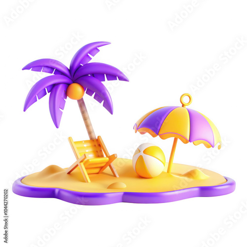 A colorful 3D beach scene featuring a purple palm tree, a beach umbrella, a lounge chair, and a beach ball. Perfect for tropical themes and summer vibes. photo