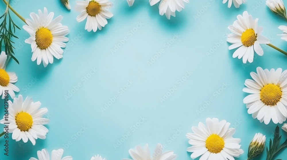 Fototapeta premium White Daisies Arranged Around a Blue Background