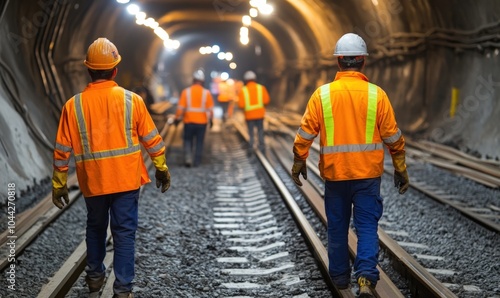 Construction workers walking on train tracks in a tunnel.