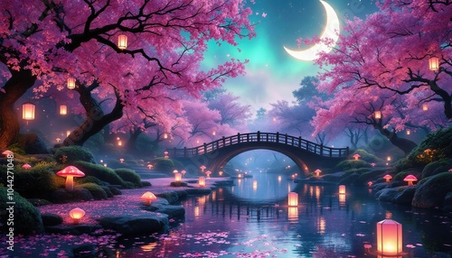 Sous un ciel nocturne, un pont japonais se dresse, entouré de cerisiers en fleurs et d’une lune brillante. Les reflets roses et argentés dans l'eau créent un tableau apaisant et magique.