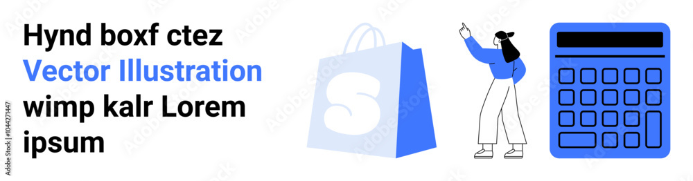 Woman holding a pointer, a shopping bag with a letter S, and a large calculator. Ideal for themes in online shopping, finance, budgeting, retail, and e-commerce. Landing page Woman holding a pointer, a shopping bag with a letter S, and a large calculator. Ideal for themes in online shopping, finance, budgeting, retail, and e-commerce. Landing page