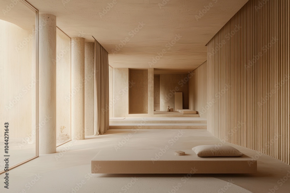 Fototapeta premium Minimalist Interior Design with Wooden Panels and a Platform Bed