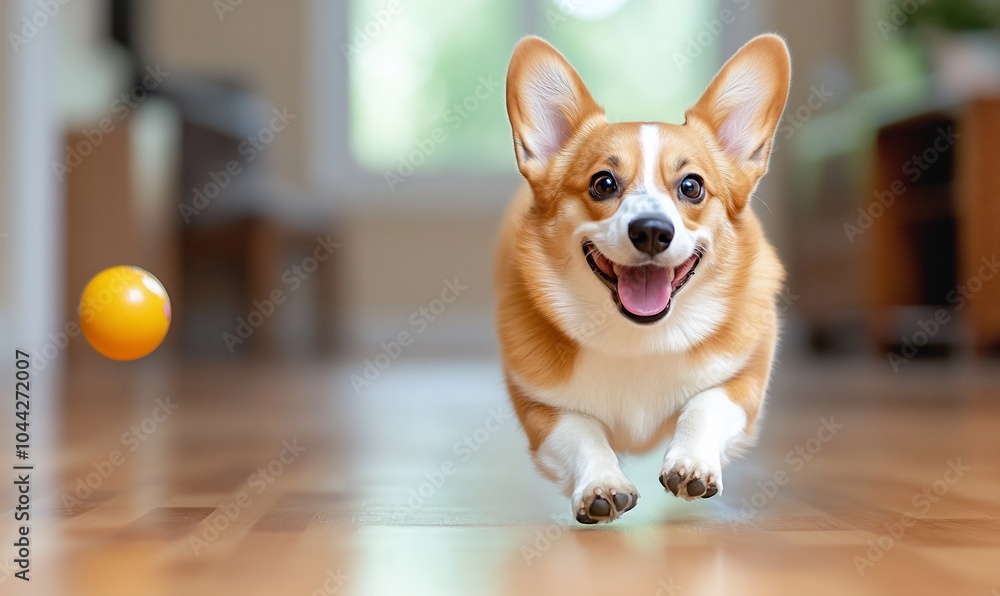 A happy corgi dog running towards the camera with a yellow ball in the air. A happy corgi dog running towards the camera with a yellow ball in the air.