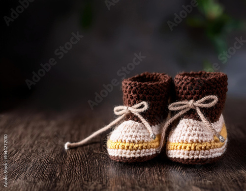 Traditional handmade knitted baby booties on a dark wooden background with copy space