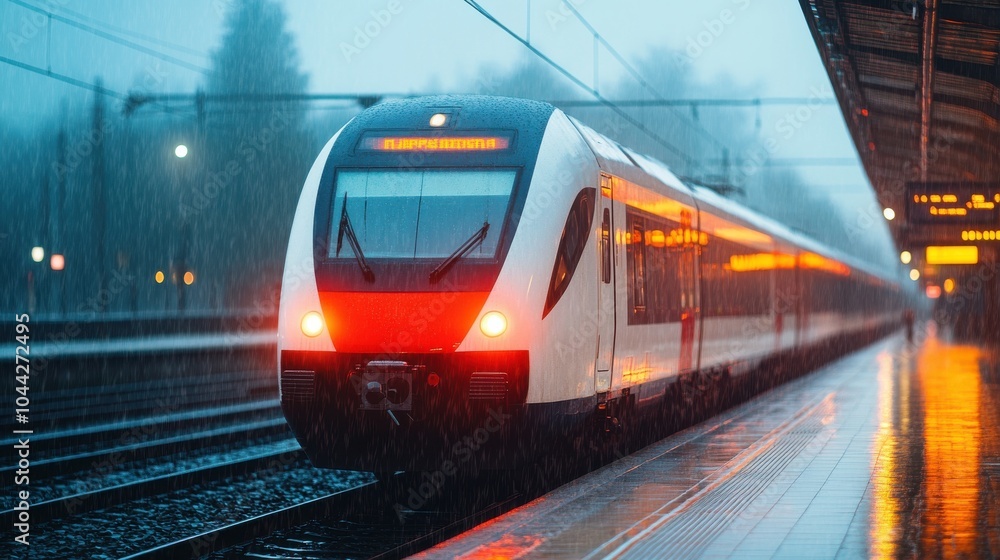 Naklejka premium Electric Train Approaching Station in Heavy Rain